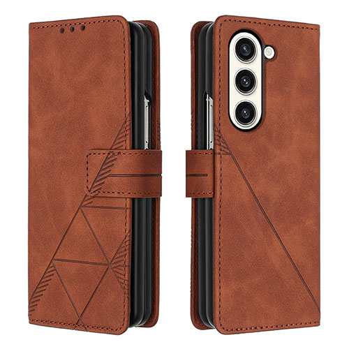 Leather Case Stands Flip Cover Holder Y02B for Samsung Galaxy Z Fold5 5G Brown