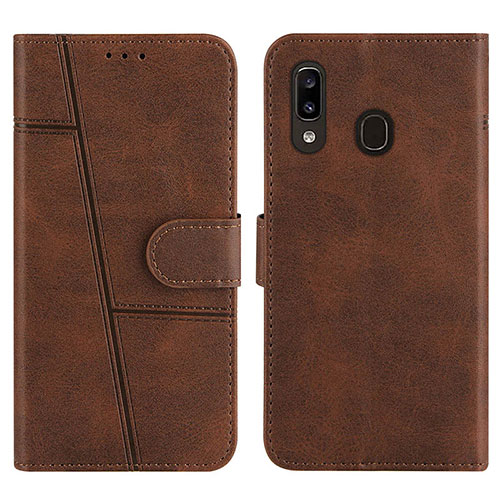 Leather Case Stands Flip Cover Holder Y02X for Samsung Galaxy A20 Brown