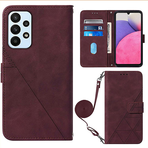 Leather Case Stands Flip Cover Holder Y03B for Samsung Galaxy A73 5G Red Wine