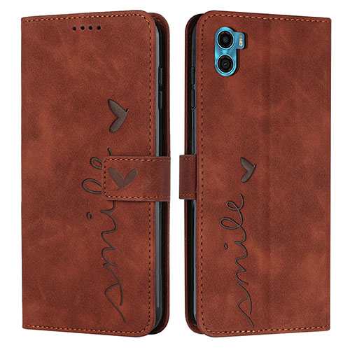 Leather Case Stands Flip Cover Holder Y03X for Motorola Moto E22S Brown