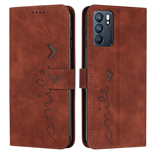 Leather Case Stands Flip Cover Holder Y03X for Oppo Reno6 5G Brown