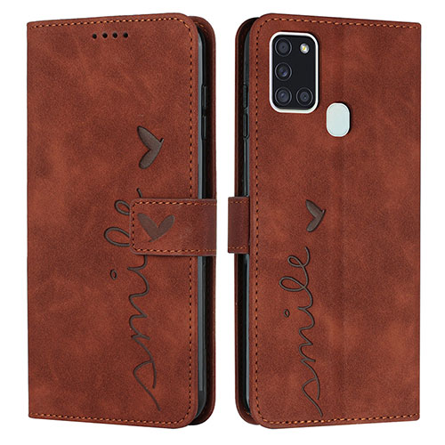 Leather Case Stands Flip Cover Holder Y03X for Samsung Galaxy A21s Brown