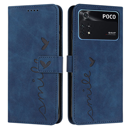 Leather Case Stands Flip Cover Holder Y03X for Xiaomi Poco M4 Pro 4G Blue