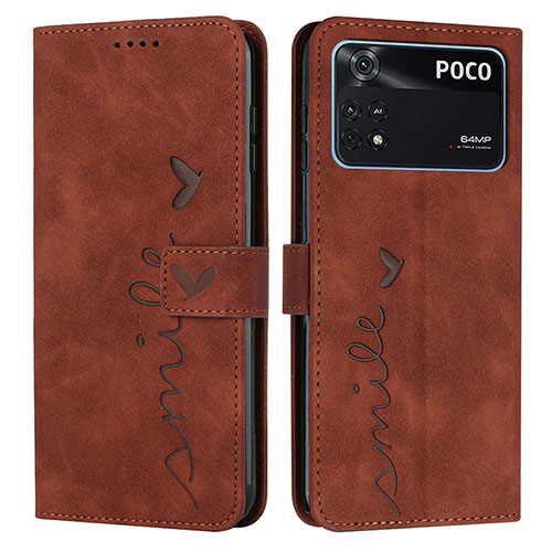 Leather Case Stands Flip Cover Holder Y03X for Xiaomi Poco M4 Pro 4G Brown