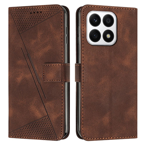 Leather Case Stands Flip Cover Holder Y08X for Huawei Honor X8a 4G Brown