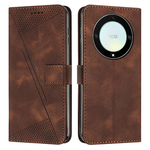 Leather Case Stands Flip Cover Holder Y08X for Huawei Honor X9a 5G Brown