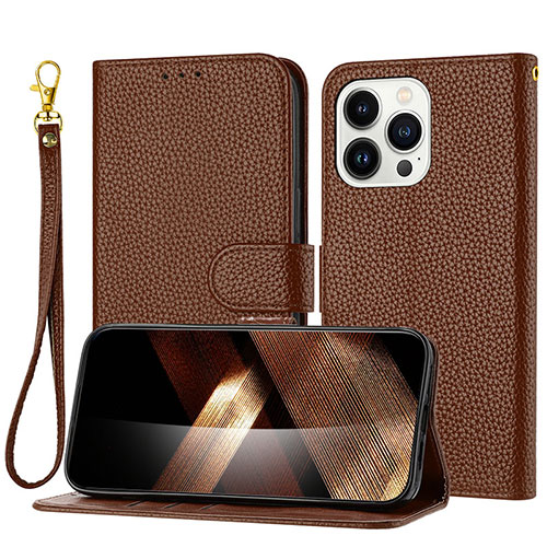 Leather Case Stands Flip Cover Holder Y09X for Apple iPhone 14 Pro Brown