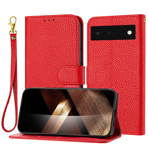 Leather Case Stands Flip Cover Holder Y09X for Google Pixel 6 5G Red