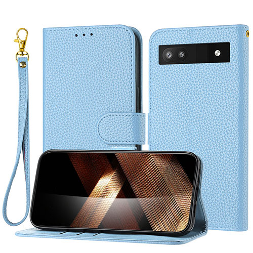 Leather Case Stands Flip Cover Holder Y09X for Google Pixel 6a 5G Blue