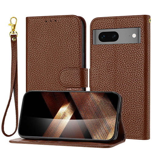 Leather Case Stands Flip Cover Holder Y09X for Google Pixel 7 5G Brown