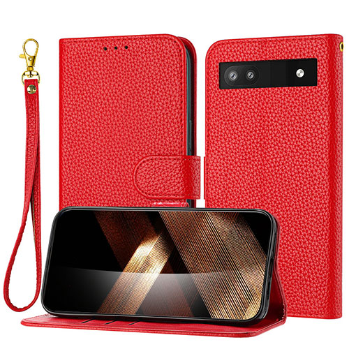 Leather Case Stands Flip Cover Holder Y09X for Google Pixel 7a 5G Red