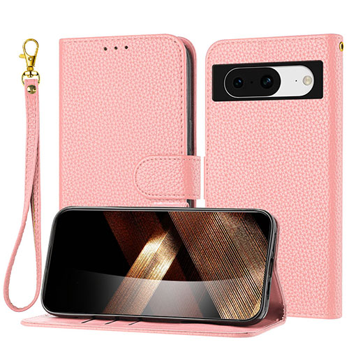 Leather Case Stands Flip Cover Holder Y09X for Google Pixel 8 5G Rose Gold