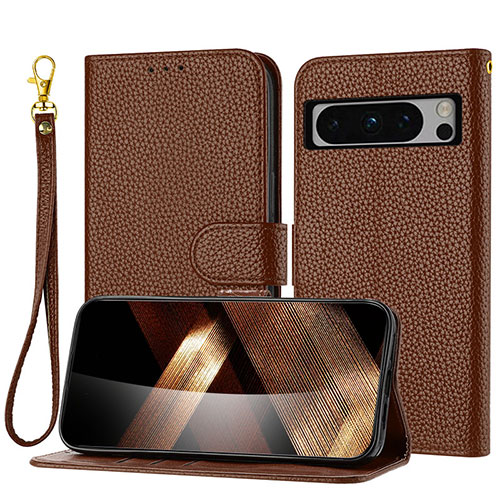 Leather Case Stands Flip Cover Holder Y09X for Google Pixel 8 Pro 5G Brown