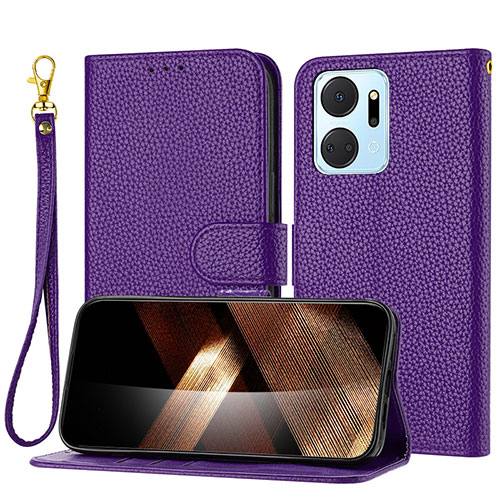 Leather Case Stands Flip Cover Holder Y09X for Huawei Honor X7a Purple