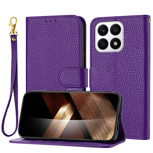 Leather Case Stands Flip Cover Holder Y09X for Huawei Honor X8a 4G Purple