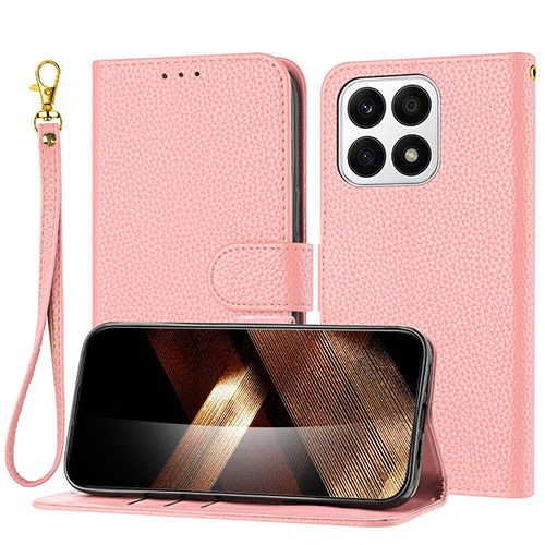 Leather Case Stands Flip Cover Holder Y09X for Huawei Honor X8a 4G Rose Gold