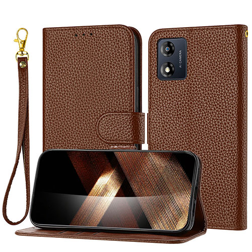 Leather Case Stands Flip Cover Holder Y09X for Motorola Moto E13 Brown