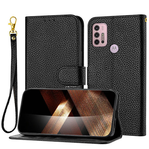 Leather Case Stands Flip Cover Holder Y09X for Motorola Moto G10 Black