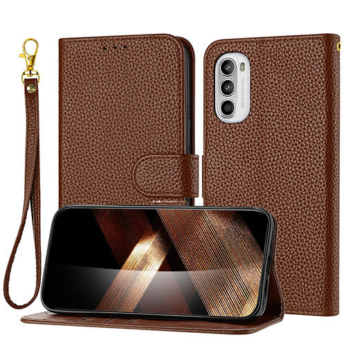 Leather Case Stands Flip Cover Holder Y09X for Motorola Moto G31 Brown