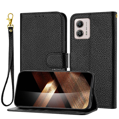 Leather Case Stands Flip Cover Holder Y09X for Motorola Moto G53y 5G Black