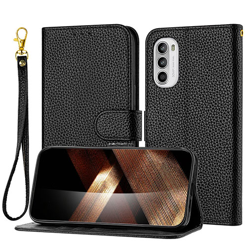 Leather Case Stands Flip Cover Holder Y09X for Motorola Moto G62 5G Black