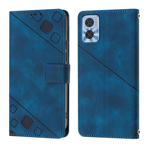 Leather Case Stands Flip Cover Holder YB1 for Motorola Moto E22 Blue