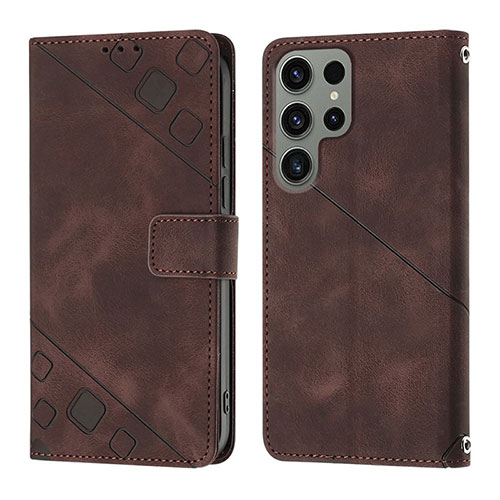 Leather Case Stands Flip Cover Holder YB1 for Samsung Galaxy S22 Ultra 5G Brown