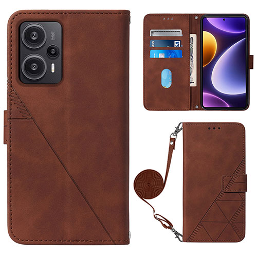 Leather Case Stands Flip Cover Holder YB1 for Xiaomi Poco F5 5G Brown