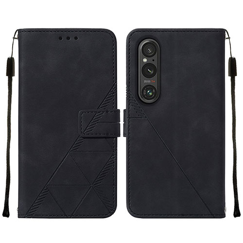 Leather Case Stands Flip Cover Holder YB2 for Sony Xperia 1 V Black