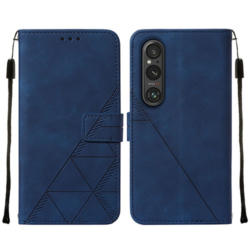 Leather Case Stands Flip Cover Holder YB2 for Sony Xperia 1 V Blue