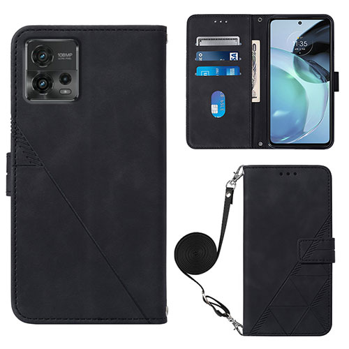 Leather Case Stands Flip Cover Holder YB3 for Motorola Moto G72 Black