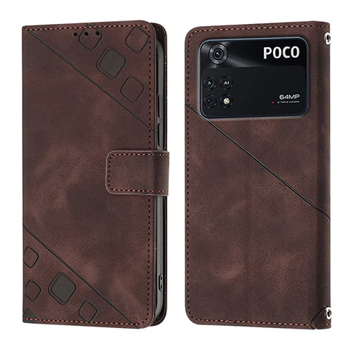 Leather Case Stands Flip Cover Holder YB3 for Xiaomi Poco M4 Pro 4G Brown