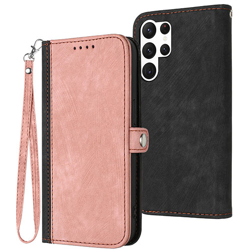 Leather Case Stands Flip Cover Holder YX1 for Samsung Galaxy S22 Ultra 5G Rose Gold