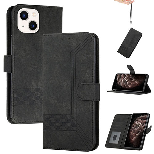 Leather Case Stands Flip Cover Holder YX4 for Apple iPhone 15 Black