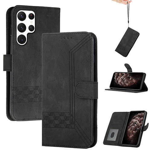 Leather Case Stands Flip Cover Holder YX4 for Samsung Galaxy S23 Ultra 5G Black