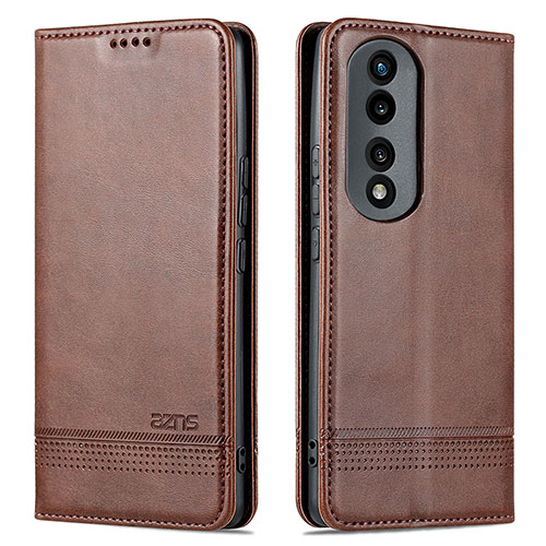 Leather Case Stands Flip Cover Holder YZ1 for Huawei Honor 90 5G Brown