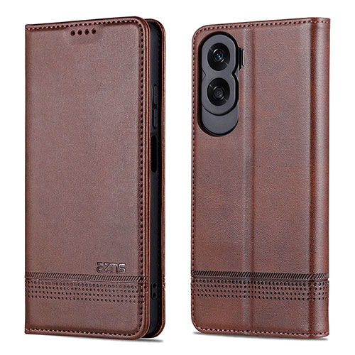 Leather Case Stands Flip Cover Holder YZ1 for Huawei Honor 90 Lite 5G Brown