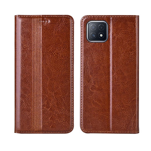 Leather Case Stands Flip Cover L01 Holder for Oppo A53 5G Light Brown