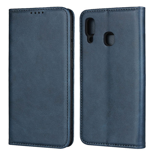 Leather Case Stands Flip Cover L02 Holder for Samsung Galaxy A20 Blue