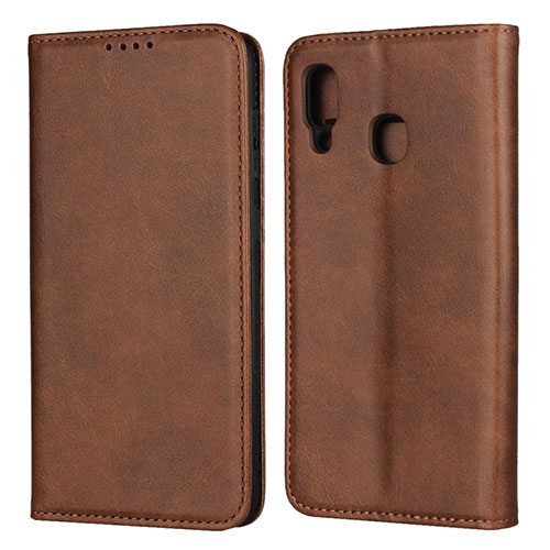Leather Case Stands Flip Cover L02 Holder for Samsung Galaxy A20 Brown