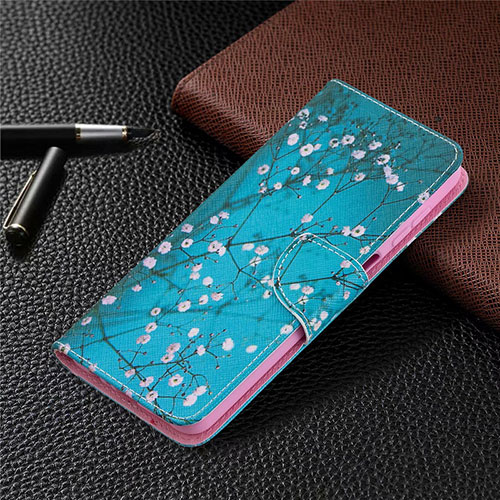 Leather Case Stands Flip Cover L03 Holder for Samsung Galaxy F12 Sky Blue