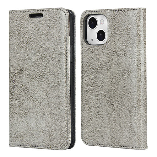 Leather Case Stands Flip Cover L05 Holder for Apple iPhone 15 Gray