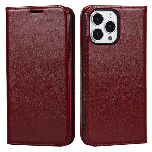 Leather Case Stands Flip Cover L05 Holder for Apple iPhone 15 Pro Red Wine