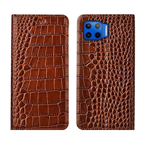 Leather Case Stands Flip Cover L05 Holder for Motorola Moto One 5G Light Brown