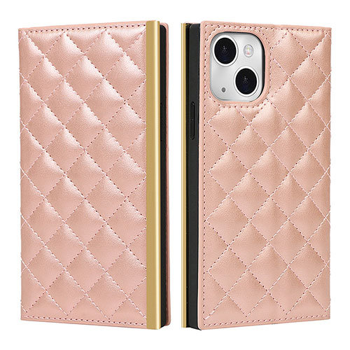 Leather Case Stands Flip Cover L06 Holder for Apple iPhone 15 Rose Gold