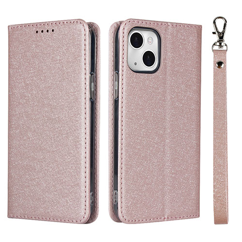 Leather Case Stands Flip Cover L08 Holder for Apple iPhone 14 Rose Gold