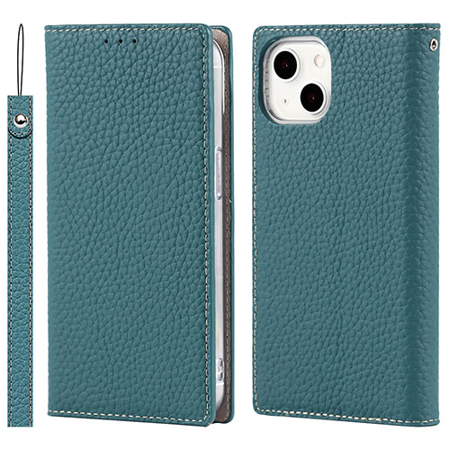 Leather Case Stands Flip Cover L09 Holder for Apple iPhone 13 Mini Cyan