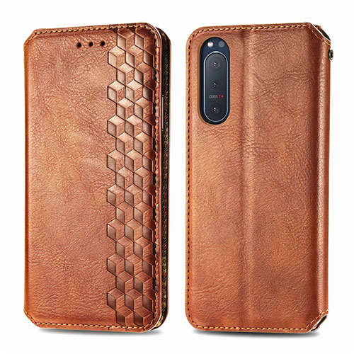 Leather Case Stands Flip Cover L09 Holder for Sony Xperia 5 II Brown