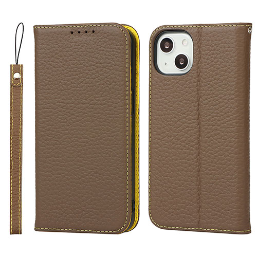 Leather Case Stands Flip Cover L10 Holder for Apple iPhone 13 Mini Brown