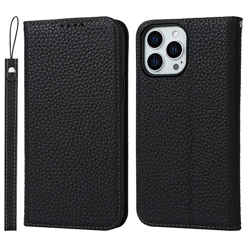 Leather Case Stands Flip Cover L10 Holder for Apple iPhone 15 Pro Black